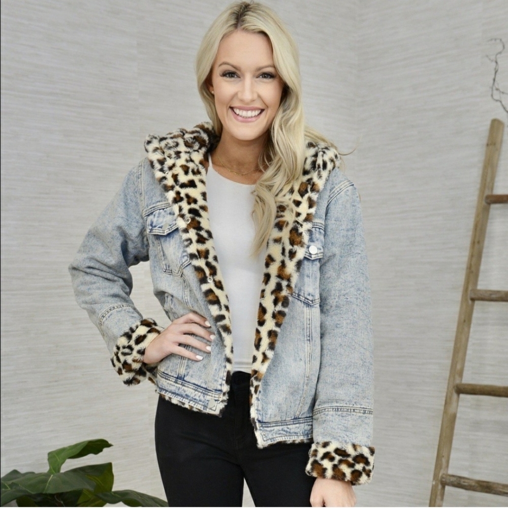 Fashion Nova Denim Leopard Jacket Size Medium